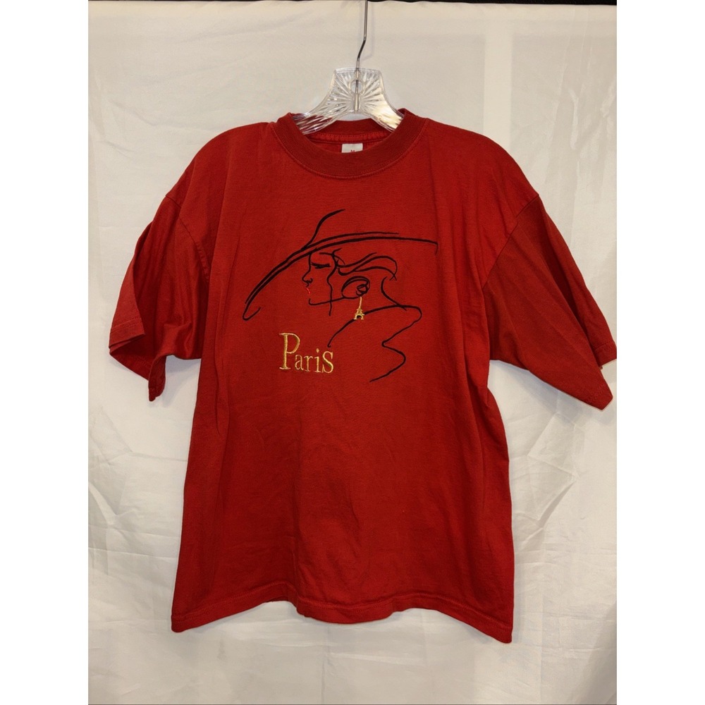 Vintage 90's Paris Embroidered Lady Graphic T Shirt Red M